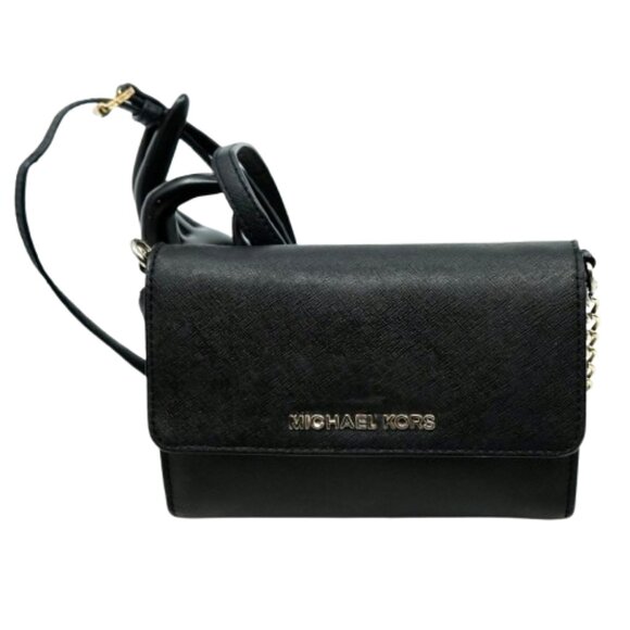 MICHAEL KORS~Jet Set Travel~BLACK SAFFIANO LEATHER CROSSBODY WALLET PHONE BAG - Picture 1 of 5